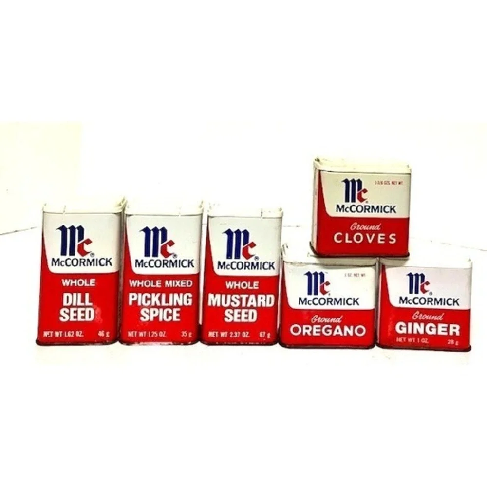 6 VTG McCormick Spice Tins Ginger Cloves Oregano Dill Seed Pickling Mustard Seed
